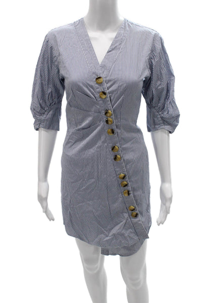 Tibi Women Blue Cotton Striped Shirt Wrap Dress V Neck 3/4 Sleeve Button Size 0