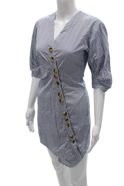 Tibi Women Blue Cotton Striped Shirt Wrap Dress V Neck 3/4 Sleeve Button Size 0