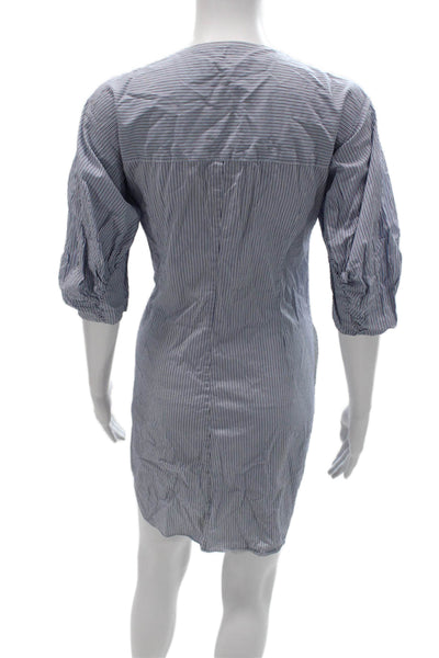 Tibi Women Blue Cotton Striped Shirt Wrap Dress V Neck 3/4 Sleeve Button Size 0