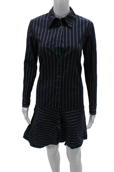 Osman Women Shirt Dress Dark Blue Striped Cotton Midcalf Longsleeve Size M