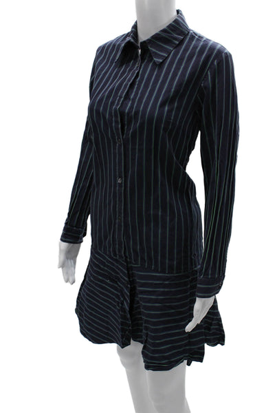 Osman Women Shirt Dress Dark Blue Striped Cotton Midcalf Longsleeve Size M