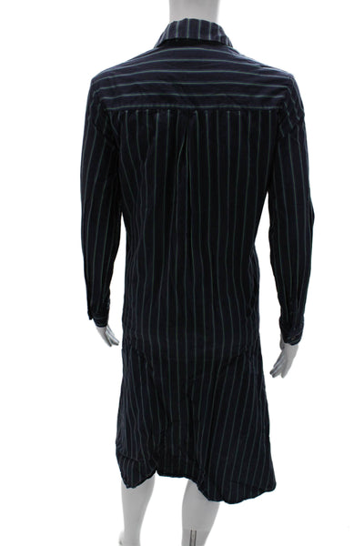 Osman Women Shirt Dress Dark Blue Striped Cotton Midcalf Longsleeve Size M