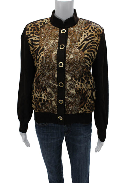 St John Collection Women Bomber Jacket Black Silk Wool Animal Print Size S