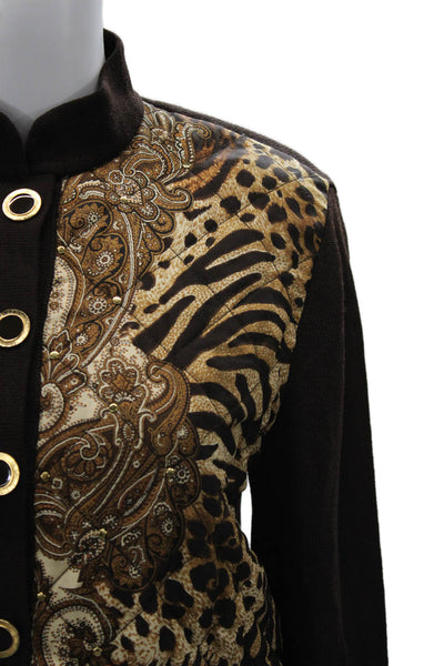 St John Collection Women Bomber Jacket Black Silk Wool Animal Print Size S