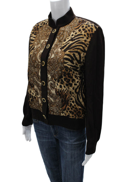 St John Collection Women Bomber Jacket Black Silk Wool Animal Print Size S