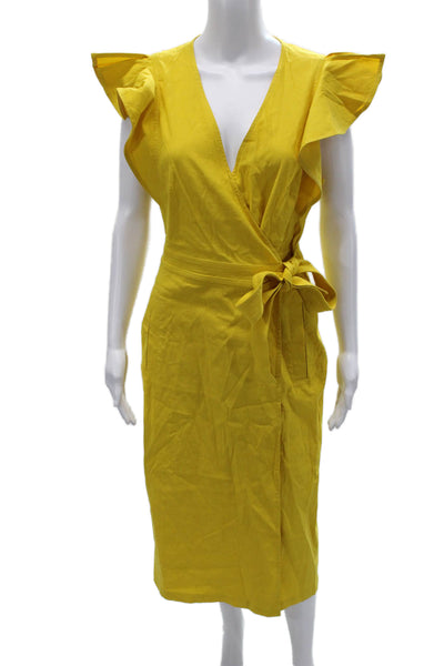 ALC Womens Wrap Dress Yellow V Neck Tie Long Linen Viscose Size 10