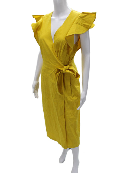 ALC Womens Wrap Dress Yellow V Neck Tie Long Linen Viscose Size 10