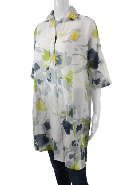 Adolfo Dominguez Women Tunic White Floral Collared Short Sleeve Cotton Size 38