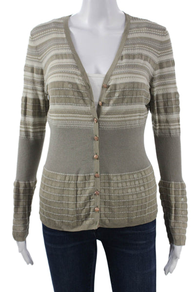 Rena Lange Unisex Cardigan Gray Striped V-Neck Button Acrylic Blend Size S