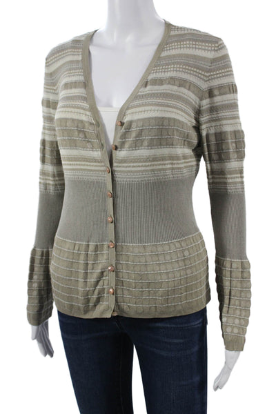 Rena Lange Unisex Cardigan Gray Striped V-Neck Button Acrylic Blend Size S