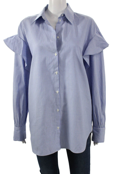 Zara Woman Womens Blue Striped Cotton Long Sleeve Tunic Button-Up Size XS