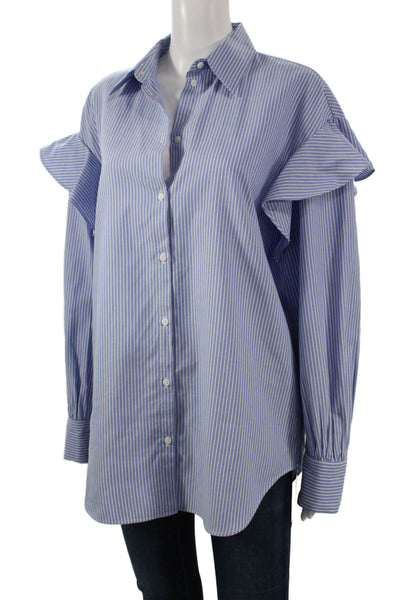Zara Woman Womens Blue Striped Cotton Long Sleeve Tunic Button-Up Size XS