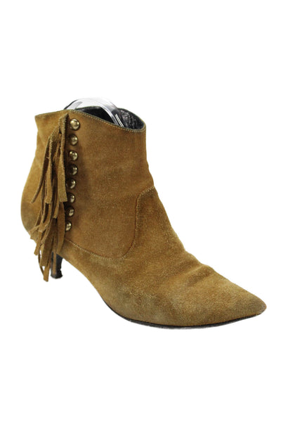 Saint Laurent Womens Suede Pointed Toe Fringe Ankle Boots Brown Size 35.5 5.5