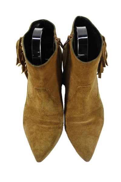 Saint Laurent Womens Suede Pointed Toe Fringe Ankle Boots Brown Size 35.5 5.5