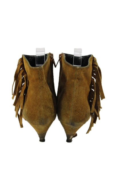 Saint Laurent Womens Suede Pointed Toe Fringe Ankle Boots Brown Size 35.5 5.5