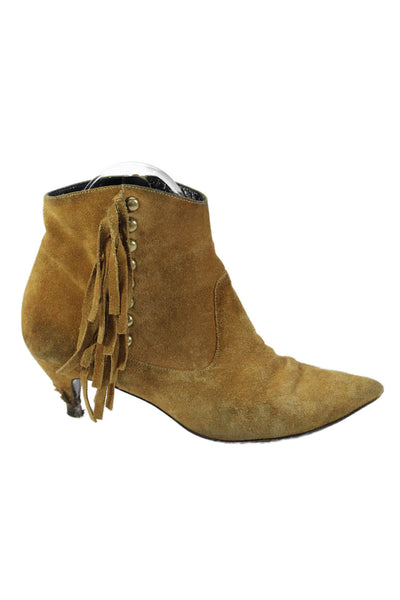 Saint Laurent Womens Suede Pointed Toe Fringe Ankle Boots Brown Size 35.5 5.5