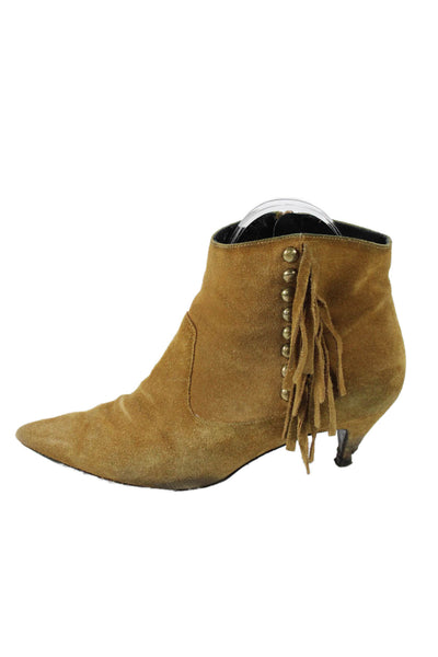 Saint Laurent Womens Suede Pointed Toe Fringe Ankle Boots Brown Size 35.5 5.5