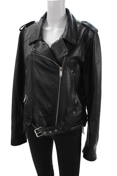 Zara Women Biker Motorcycle Faux Leather Jacket Black Buckle Collared Size 2XL