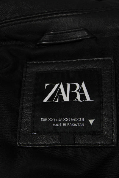 Zara Women Biker Motorcycle Faux Leather Jacket Black Buckle Collared Size 2XL