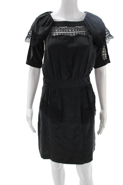 Mayle Women Silk Black Shirt Dress Square Neck Short Sleeve Knee Length Size 2