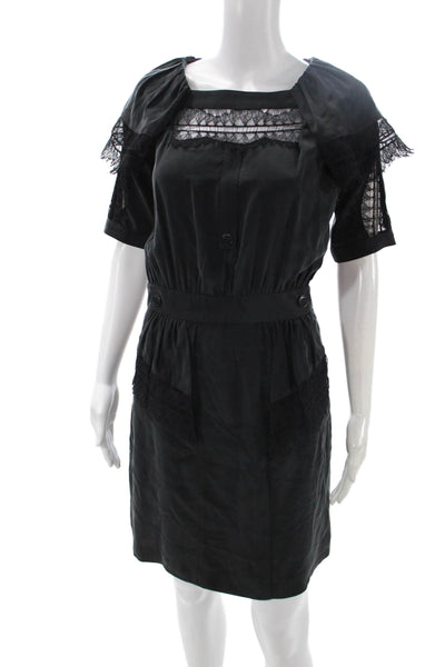 Mayle Women Silk Black Shirt Dress Square Neck Short Sleeve Knee Length Size 2