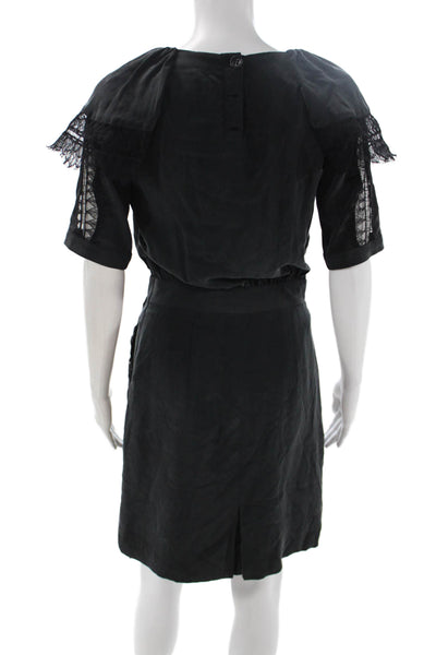 Mayle Women Silk Black Shirt Dress Square Neck Short Sleeve Knee Length Size 2