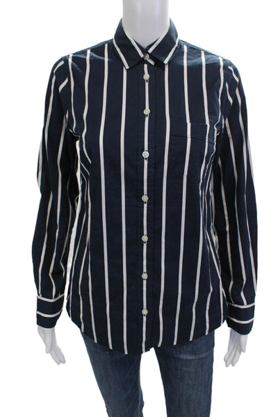J Crew Womens Striped Collared Button Up Top Dark Blue Long Sleeve Size XS