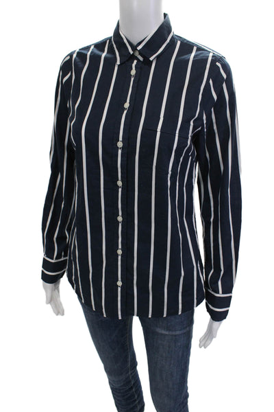 J Crew Womens Striped Collared Button Up Top Dark Blue Long Sleeve Size XS