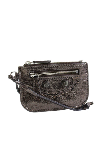 Balenciaga Womens Le Cagole Metallic Crinkle Leather Coin Purse Wristlet Silver