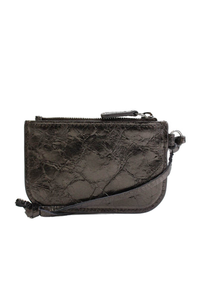 Balenciaga Womens Le Cagole Metallic Crinkle Leather Coin Purse Wristlet Silver