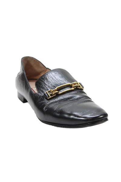 Bally Womens Slip On Round Toe Logo Chain Bit Loafers Black Leather Size 35.5
