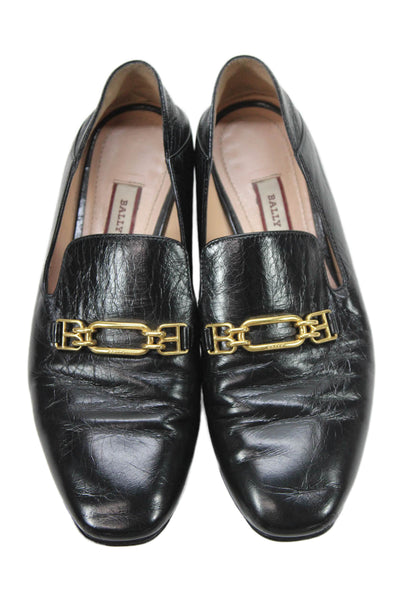Bally Womens Slip On Round Toe Logo Chain Bit Loafers Black Leather Size 35.5