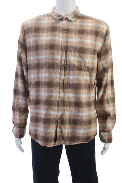 Cotton On Mens Button Front Long Sleeve Collared Plaid Shirt Brown Size Large
