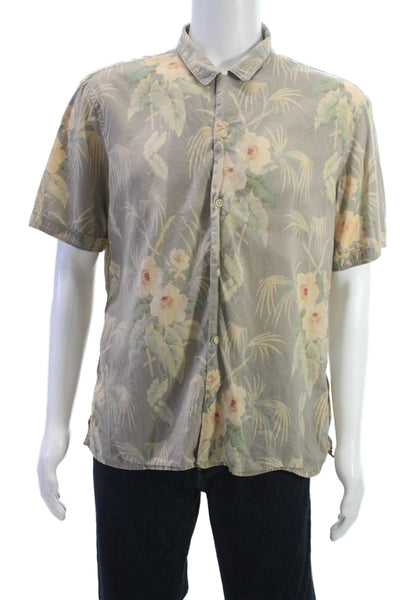 Allsaints Mens Button Front Short Sleeve Collared Floral Shirt Brown Green XL