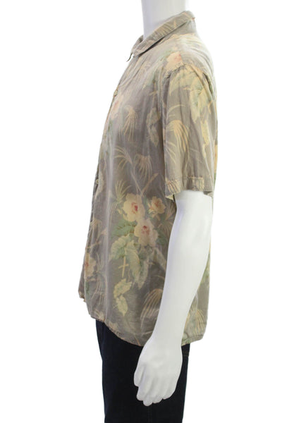 Allsaints Mens Button Front Short Sleeve Collared Floral Shirt Brown Green XL