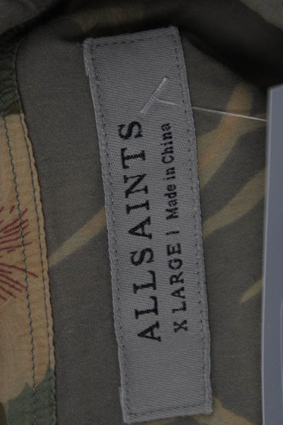 Allsaints Mens Button Front Short Sleeve Collared Floral Shirt Brown Green XL