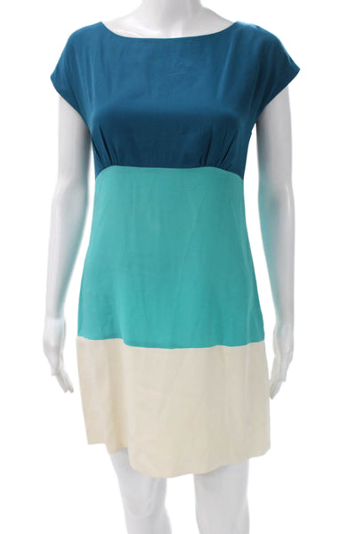Eliza J Women Dark Blue Silk Shift Dress Short Sleeve Round Neck Zip Size 4