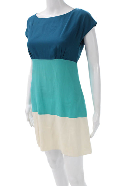 Eliza J Women Dark Blue Silk Shift Dress Short Sleeve Round Neck Zip Size 4
