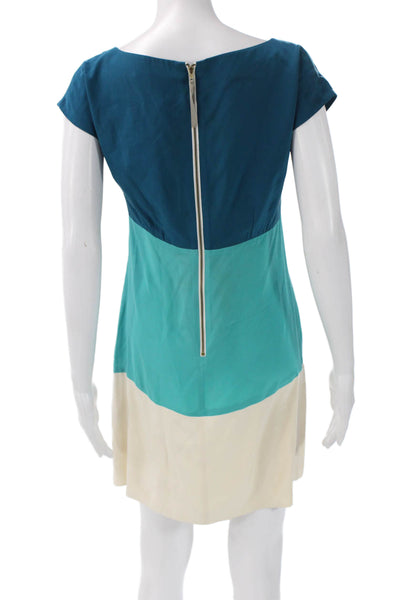 Eliza J Women Dark Blue Silk Shift Dress Short Sleeve Round Neck Zip Size 4