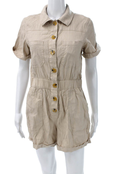 Gianni Bini Womens Jumpsuit Beige Collared Short Sleeve Linen Blend Size S