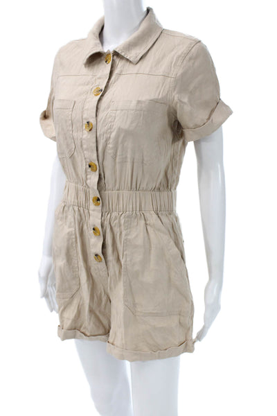 Gianni Bini Womens Jumpsuit Beige Collared Short Sleeve Linen Blend Size S