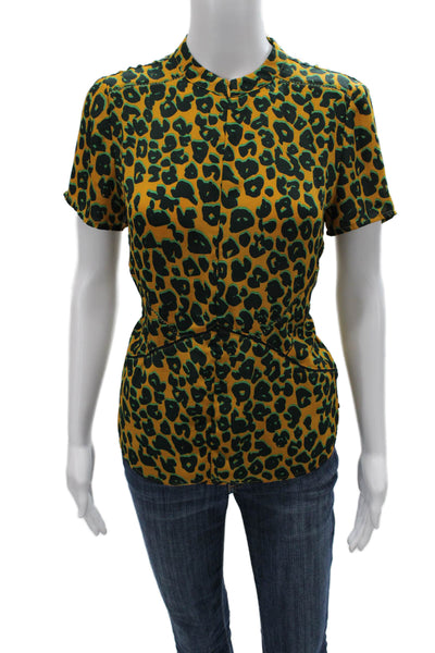Scotch & Soda Women Green Leopard High Neck Short Sleeve Blouse Size S