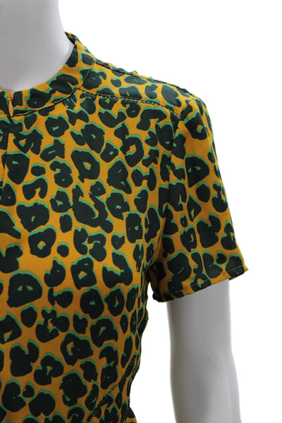 Scotch & Soda Women Green Leopard High Neck Short Sleeve Blouse Size S