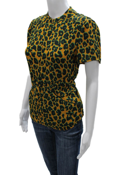Scotch & Soda Women Green Leopard High Neck Short Sleeve Blouse Size S