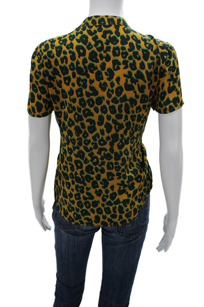 Scotch & Soda Women Green Leopard High Neck Short Sleeve Blouse Size S