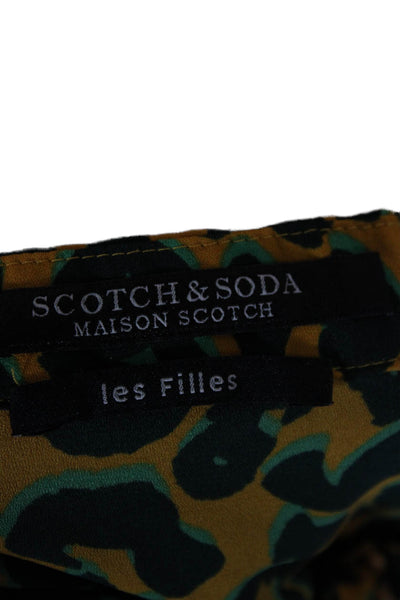 Scotch & Soda Women Green Leopard High Neck Short Sleeve Blouse Size S