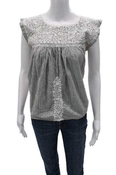 MI Golondrina Womens Bohemian Striped Floral Linen Blouse Gray Sleeveless Size S