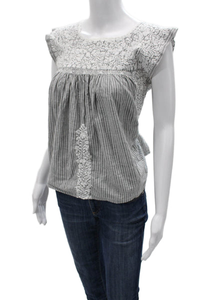 MI Golondrina Womens Bohemian Striped Floral Linen Blouse Gray Sleeveless Size S