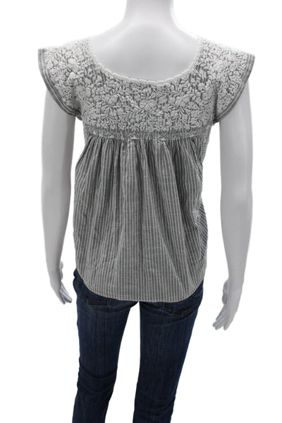 MI Golondrina Womens Bohemian Striped Floral Linen Blouse Gray Sleeveless Size S