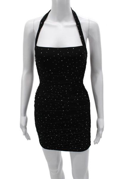 Lucy In the Sky Women Bodycon Mini Dress Black Polka Dot Tie Sleeveless Size S